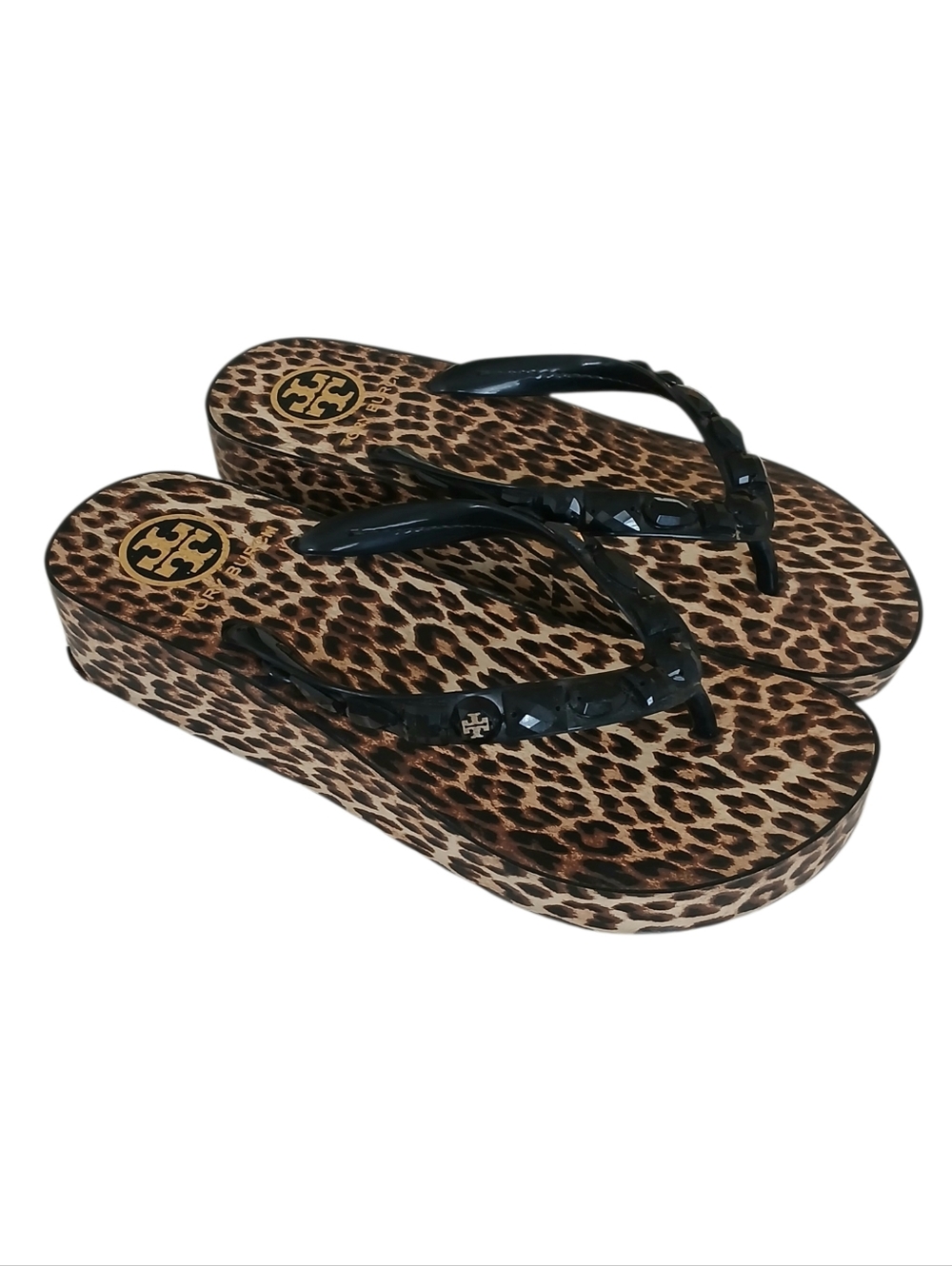 TORY BURCH Leopard Print Jeweled Logo Wedge Sandals Women's 7.5 Signature Flop